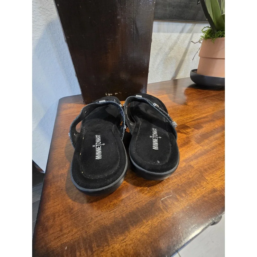 MINNITONKA Women's Sandles Size 8 Open Toe Black Slip On Leather Y2k Genz Genx